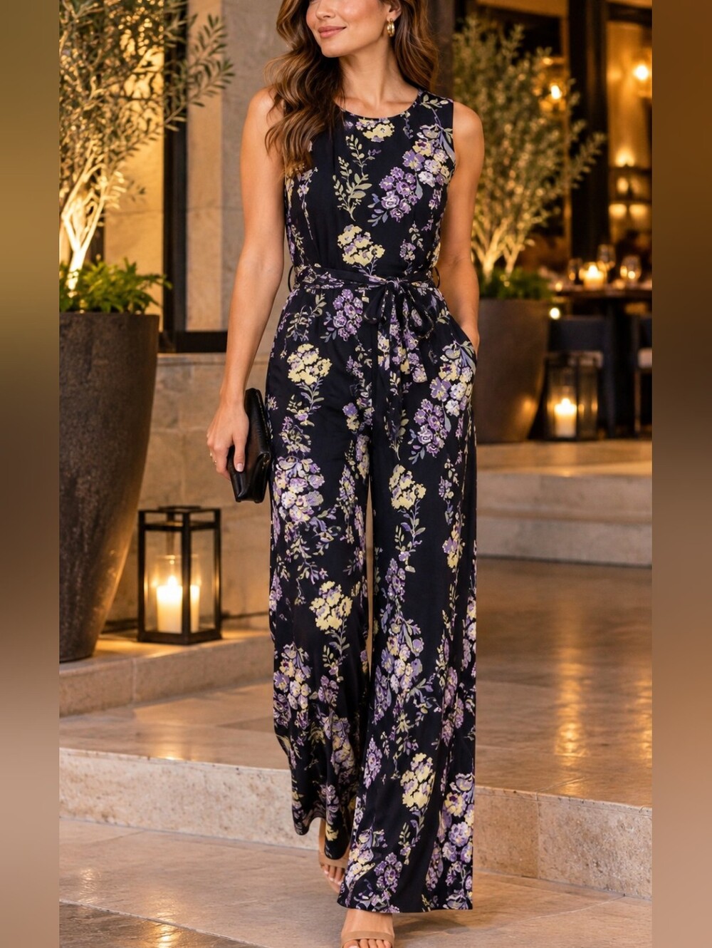 Beechers Brook XL Floral Sleeveless Wide Leg Jumpsuit Belted